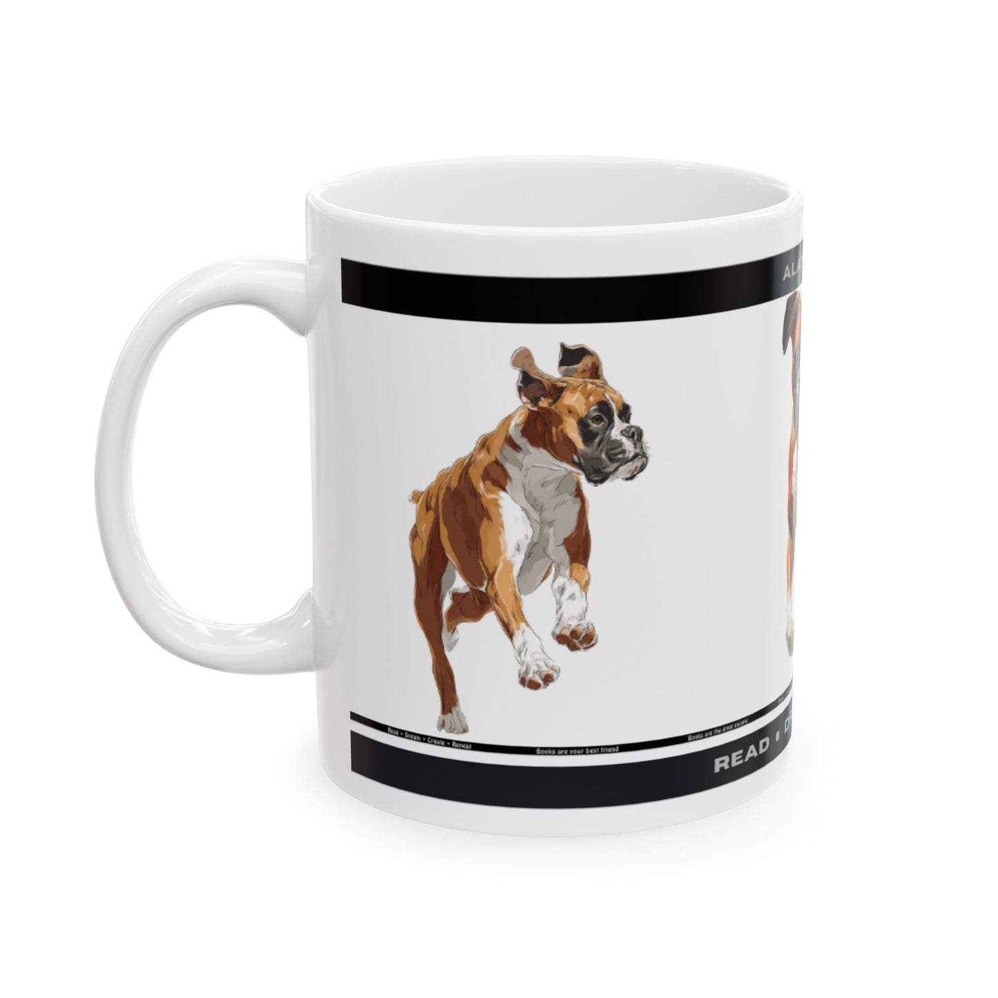 Boxer Dog Ceramic Mug – 'Alans Books: Read • Dream • Create' 11oz/15oz